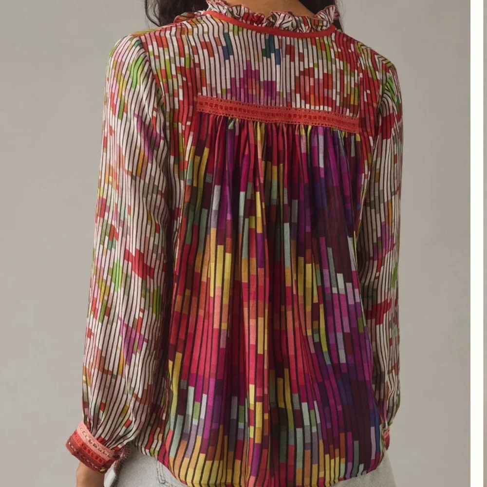 Anthropologie Conditions Apply Inreiza Top Multicolored Block Line Blouse - Picture 2 of 12